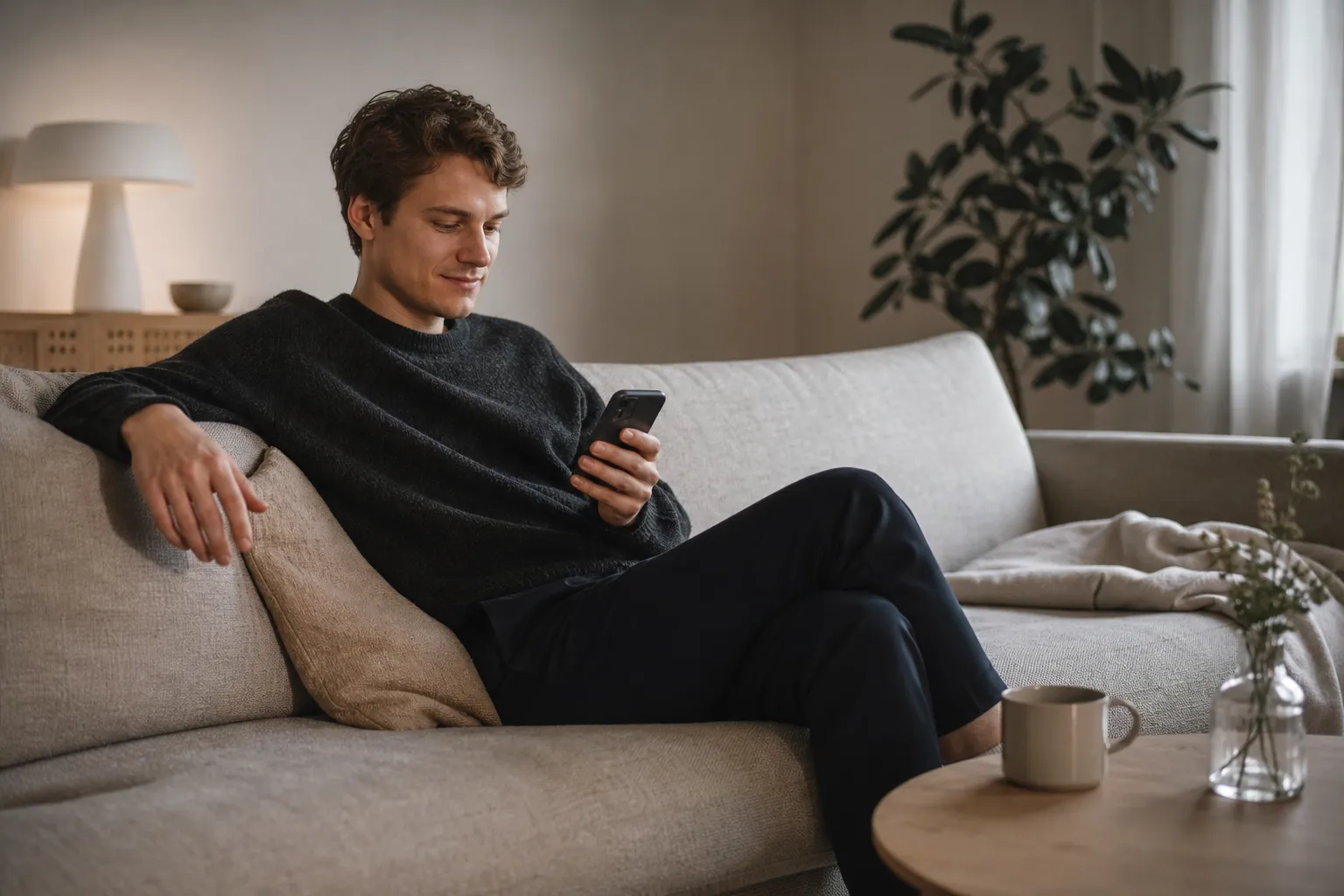 Person använder mobilen avslappnat hemma