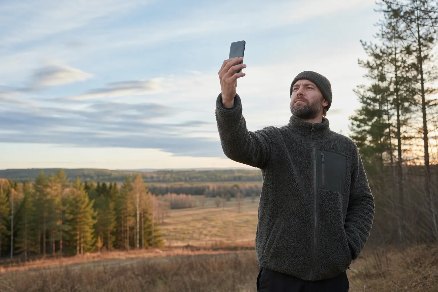 Person kontrollerar mobiltäckning i ett svenskt landskap